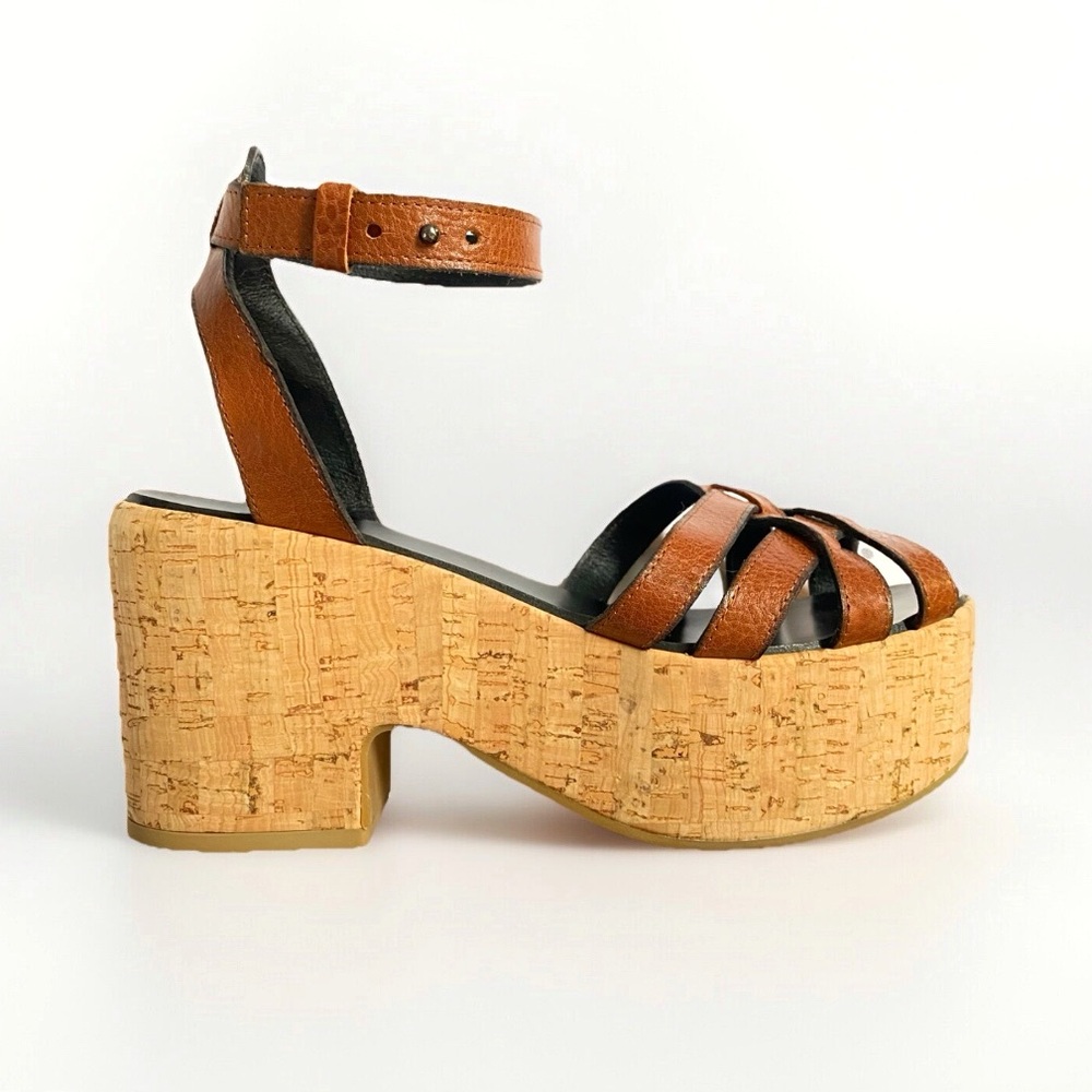 WEEKEND MAX MARA MAXMARA BROWN LEATHER STRAPS TAN CORK HEEL PLATFORM SANDALS